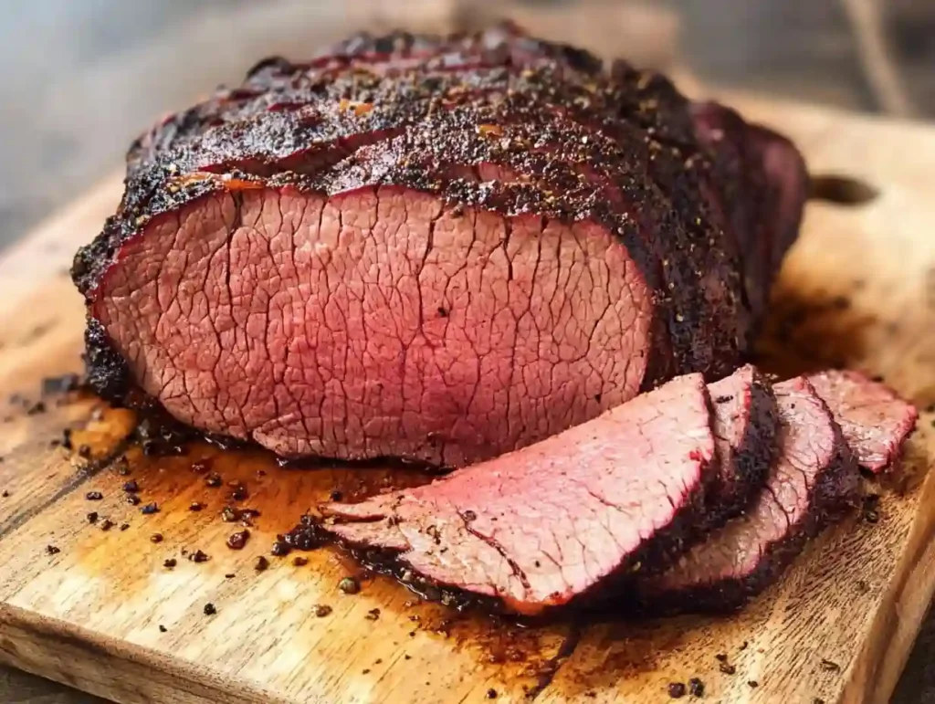 A smoked beef sirloin tip roast with a dark, herb-crusted exterior and tender