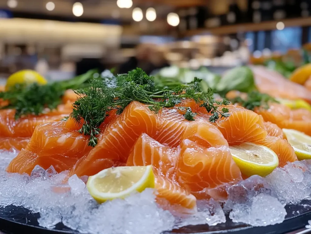 salmon display at a seafood market