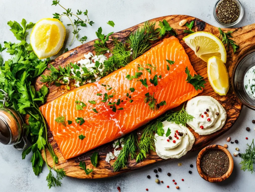 smoked salmon on a wooden platter